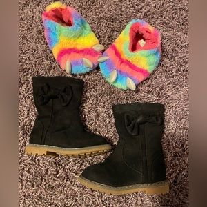 Toddler Girls size 6 Black boots & Rainbow glitter bootie slippers Like New!!